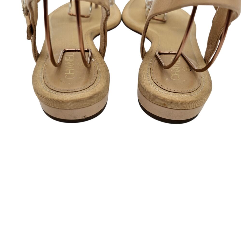 Chanel CC Pearl Flat T Strap Thong Sandal Beige Tan Leather Size 39.5 C US 8.5 9 - Picture 7 of 13